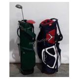 Two golf bags, Sun mountain and Stitch, with two