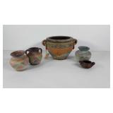Pottery group, five pieces, larger handled bowl