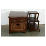 Step-back stand and end table with wicker drawer,