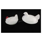 Two Hens on Nest covered dishes, smaller is