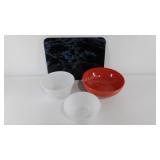 Three glass mixing bowls, tempered glass cutting