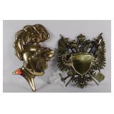 Brass tone wall plaques, knight & crest,  marked