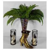Decor group, mosaic vase, brass boot and two