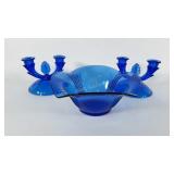 Glassware, cobalt blue depression glass console