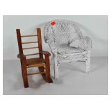 Doll size chairs, wicker stands 14" tall, wooden