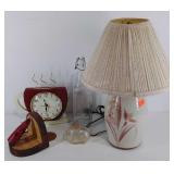 Group of decor items, lamp, clock, bookend and