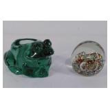 Glass paperweight and glass frog shaped votive
