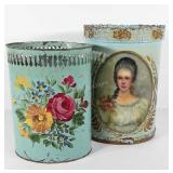 Two painted waste cans, each shows age wear