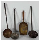 Metalwares, two skimmers and two brass scoops