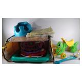 Walkers (2), bumbo seat, playskool worm, blankets