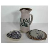 Three pieces of Stoneware, pitcher 9" high,