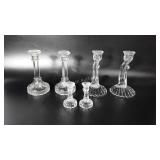 Glassware, three pairs of candlestick holders,