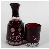 Cranberry glass cut to clear water night set, 7