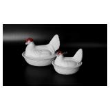 Glassware, two Westmoreland milk glass hen on