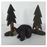 Wooden home decor, two pine trees and bear