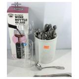Wine glass and canister with flatware