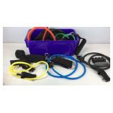 Five resistance exercises bands in plastic tub