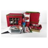 Christmas holiday ornaments, wrapping supplies,