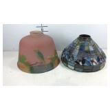 Two lamp shades, slag glass style and bird theme