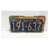1958 Pennsylvania trailer license plate