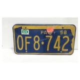1958 Pennsylvania license plate