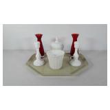 Glassware, includes two ruby red vases, two milk
