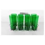 Wire caddy with eight green glass tumblers,