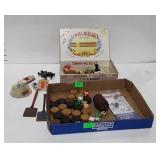 Cigar box with dice, trinket toys, cars, checker