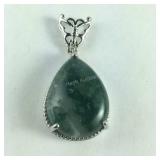 12.9ct moss agate drop pendant in platinum coated