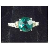 Large Green Stone Ring, silvertone size 9.5
