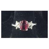 Man-Made Ruby & CZ Ring, size 7 silvertone