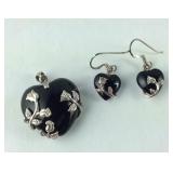 Black Onyx Heart Floral Design Pendant & Earring