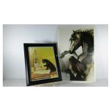 Two animal prints, framed Absinthe cat and horse