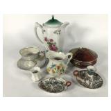 Painted china, coffee pot, candleholder, covered