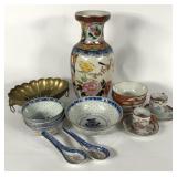 Asian style china, soup bowls, spoons, vase,