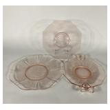 Pink Depression glass cake plates, three