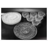 Clear glass, seven plates and six cups