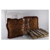 Home decor pillows, vase, wooden