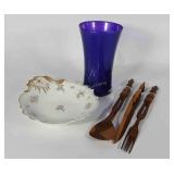 Carved utensils, glass vase and Limoges bowl