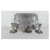 Metal wares, includes serving tray, candlestick