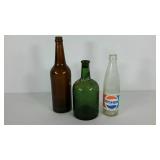 Glass bottles, brown, green and clear