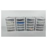 Four Sterilite organizers full of hardware, 7" x