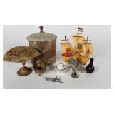 Trinket group, includes wooden shoe ship and