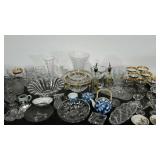 Dishware group, clear glass, ceramic tea set,