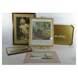 Monet print in cracked frame, sepia photographs,