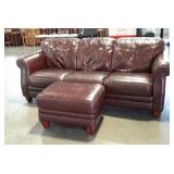 Bassett leather sofa and ottoman, some wear,