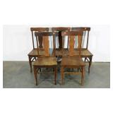 Five early oak T backdining chairs, cracks and