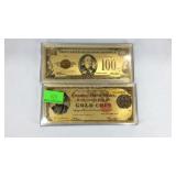 Two gold foil replica bills $100