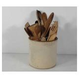 Stoneware crock with wooden kitchen utensils, 7"
