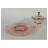 Pink glass dishes, 6" pedestal candy dish with